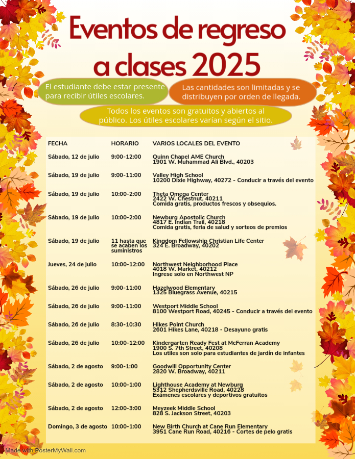 Spanish version of dates, times and locations for back to school events.