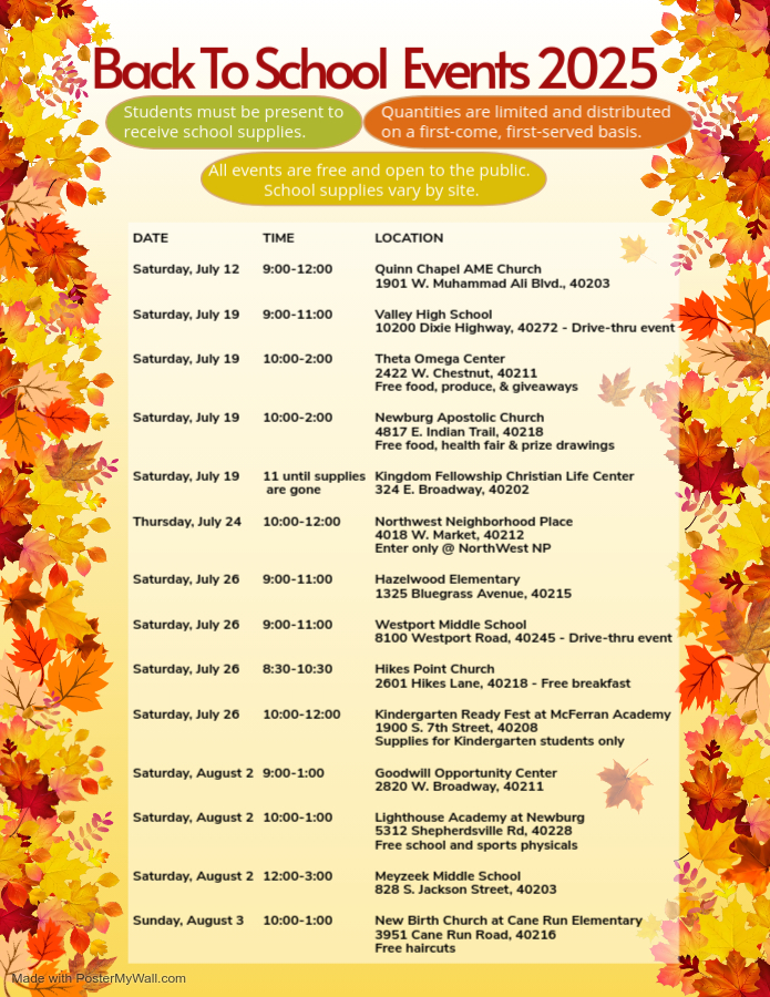 Back to school supplies locations, dates and times.
