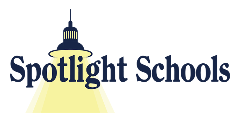 A lamp shines down and image says "Spotlight Schools"