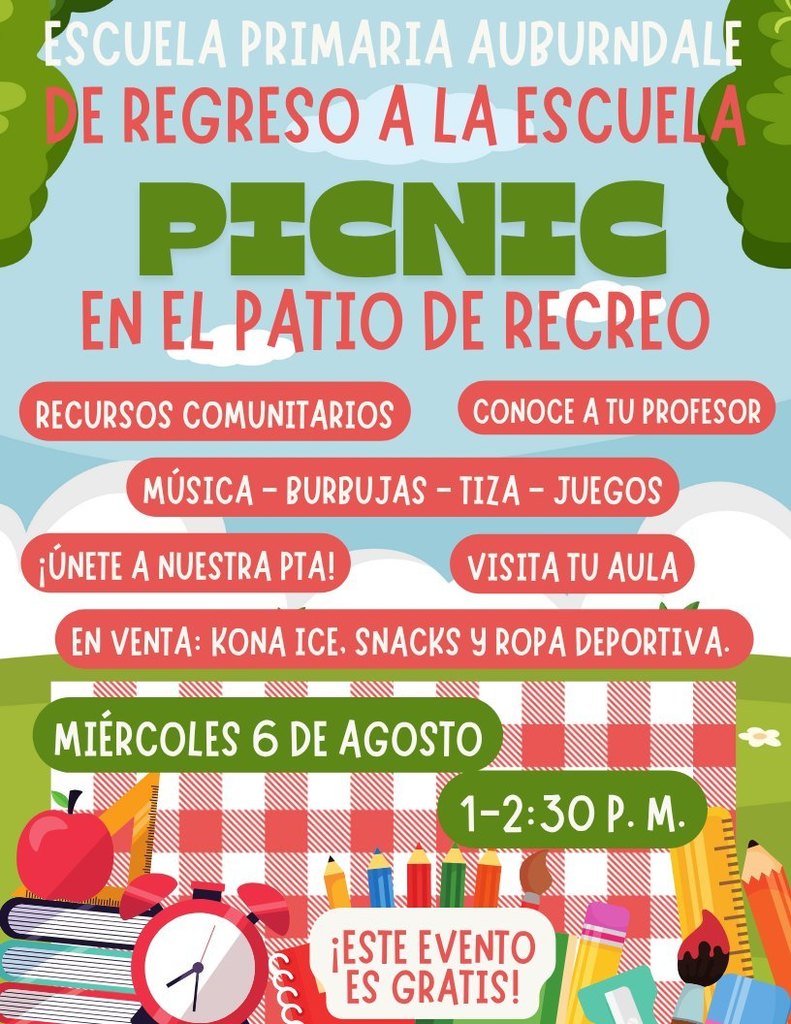 Back to School Bash-Picnic at the Playground on August 6th from 1-2:30pm. Visit your classroom, meet your teacher, enjoy music and activities, and more!