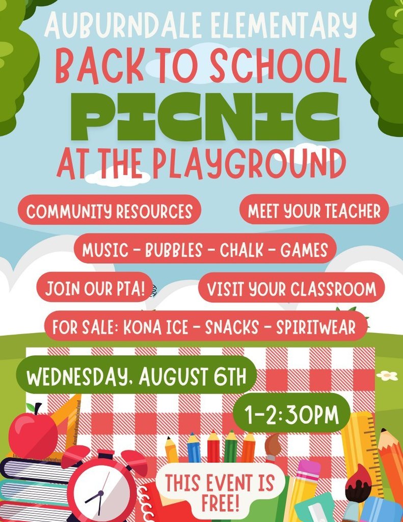 Back to School Bash-Picnic at the Playground on August 6th from 1-2:30pm. Visit your classroom, meet your teacher, enjoy music and activities, and more!
