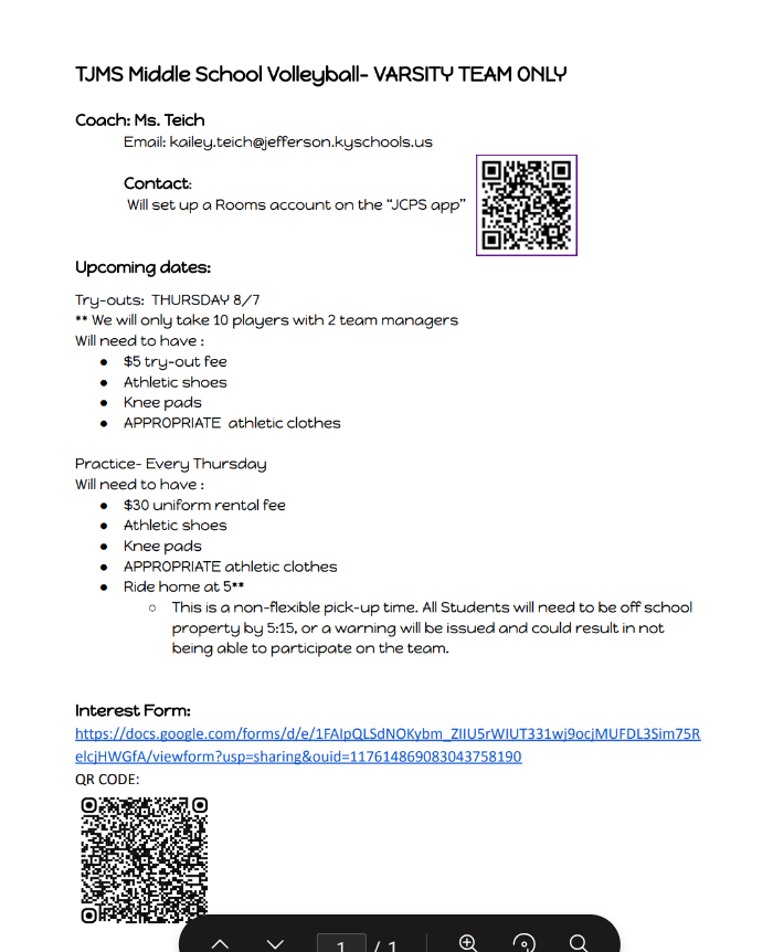 Volleyball Info flyer for 8/7