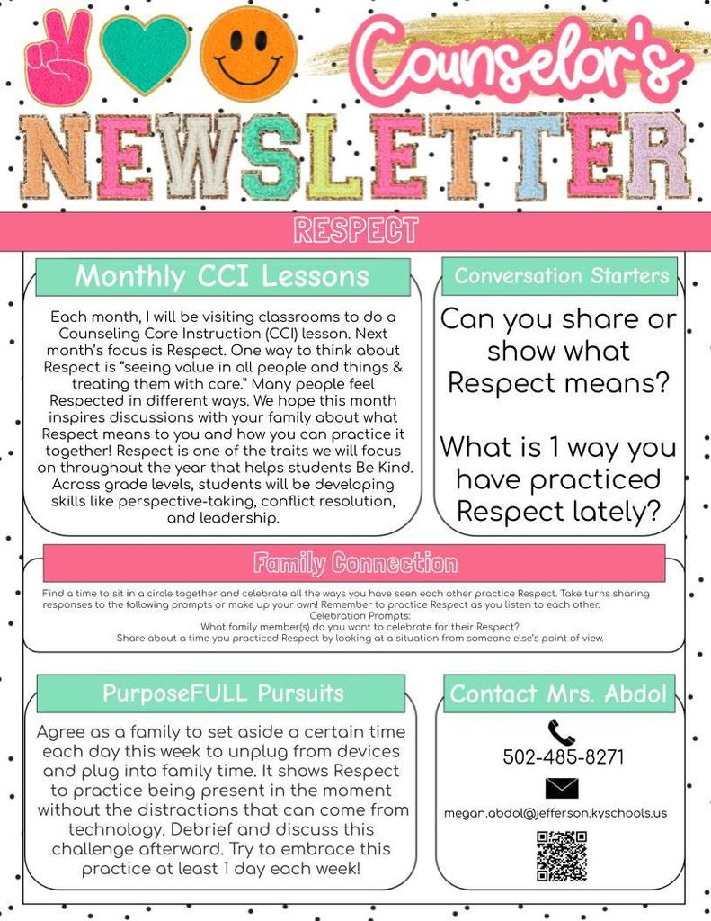 Colorful counseling newsletter with important information about this month's Character Trait, Respect.