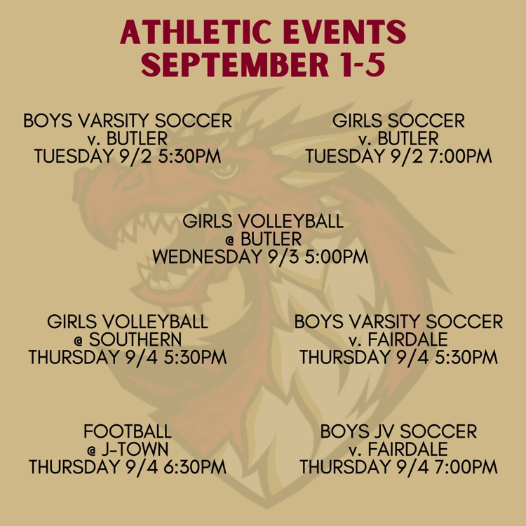 boys soccer Tuesday. girls soccer Tuesday. girls volleyball Wednesday. girls volleyball Thursday. boys soccer Thursday. football Thursday  
