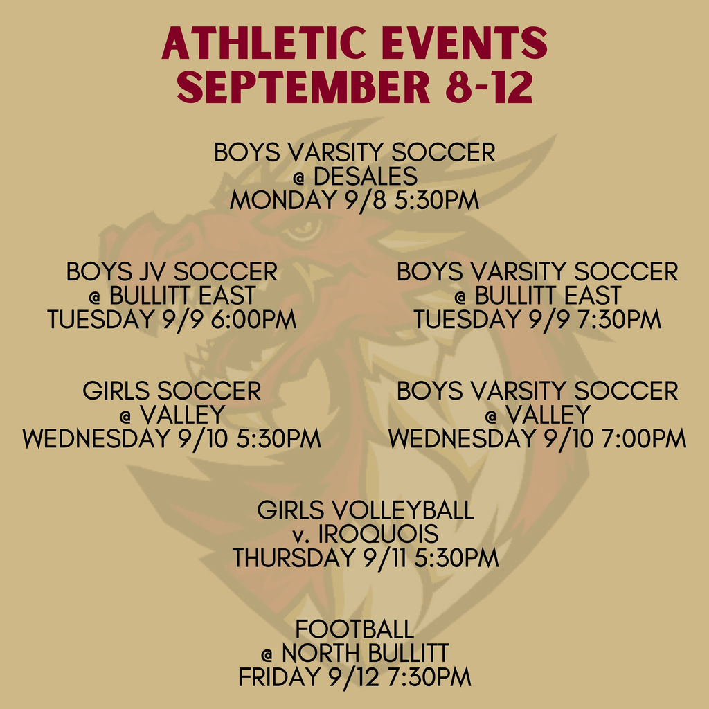boys varsity soccer monday at desales. boys jv and varsity soccer tuesday at bullitt east. girls and boys varsity soccer wednesday at valley. girls volleyball thursday versus iroquois. football friday at north bullitt.