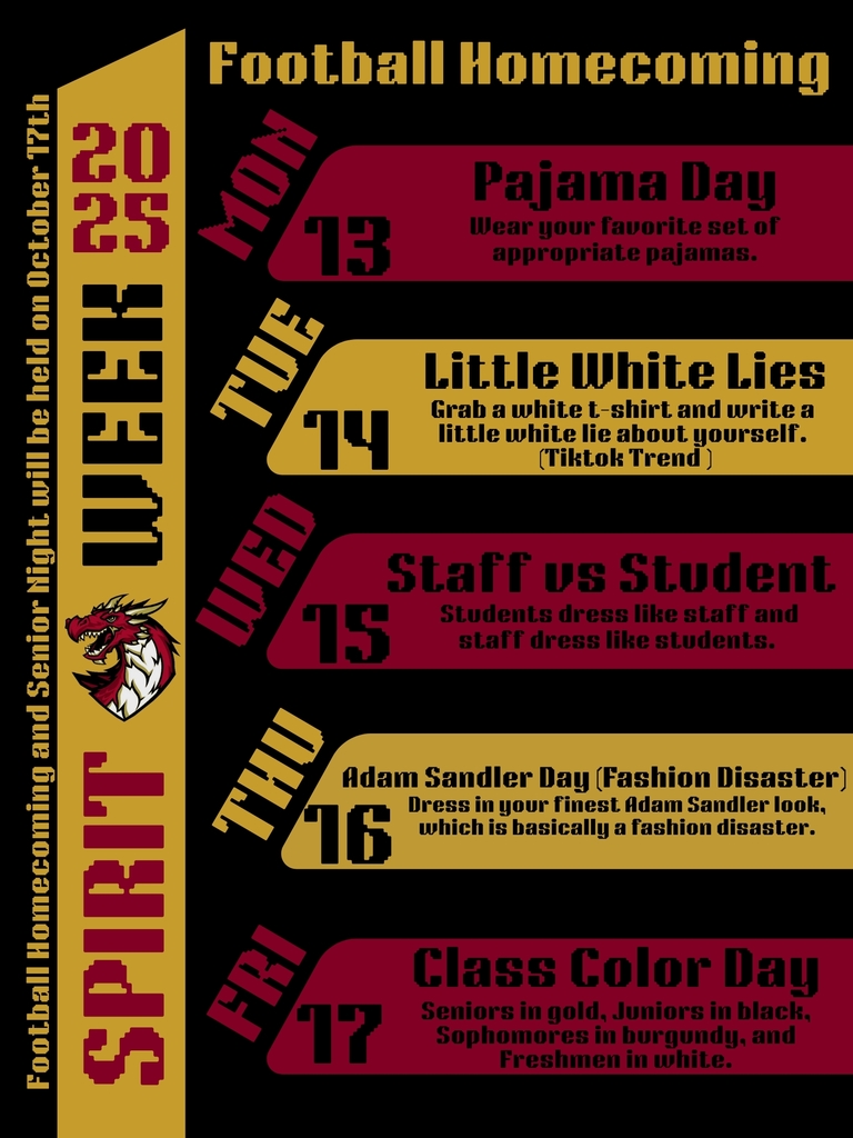 football Homecoming: Monday Oct 13 pajama day. Tuesday Oct 14 little white lies day. Wednesday Oct 15 students v. staff day. Thursday Oct 16 Adam sandler, fashion disaster day. Friday Oct 17 class color day. seniors wear gold, juniors wear black, sophomores wear burgundy, and freshman wear white. football homecoming game and senior night will be held Friday October 17 at Iroquois High School.