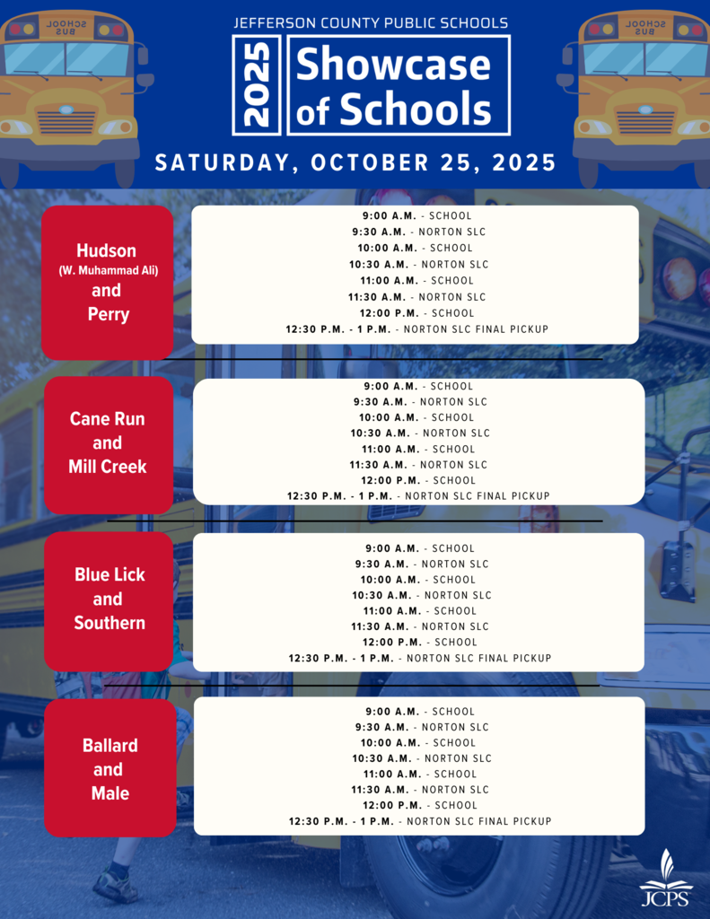 Jefferson County Public Schools 2025 Showcase of Schools shuttle schedule for Saturday, October 25, 2025. The top banner is blue with the event title and two yellow school buses. Four red boxes on the left list shuttle groups and their paired schools: Hudson (W. Muhammad Ali) and Perry Cane Run and Mill Creek Blue Lick and Southern Ballard and Male Each group has the same shuttle times: 9:00 a.m. – School 9:30 a.m. – Norton SLC 10:00 a.m. – School 10:30 a.m. – Norton SLC 11:00 a.m. – School 11:30 a.m. – Norton SLC 12:00 p.m. – School 12:30 p.m.–1:00 p.m. – Norton SLC Final Pickup The background features an image of a school bus and students boarding. The JCPS logo appears in the lower right corner.