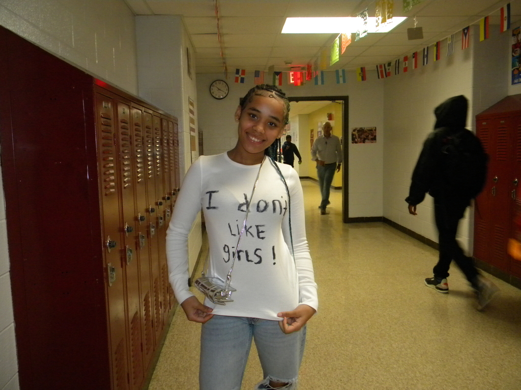student with Little White Lie t-shirt for spirit week