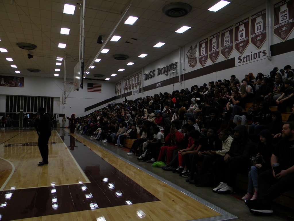 students on bleachers at pep rally