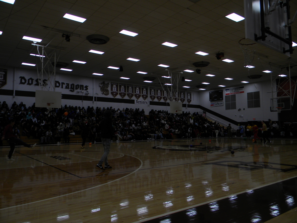 students playing dodgeball at pep rally
