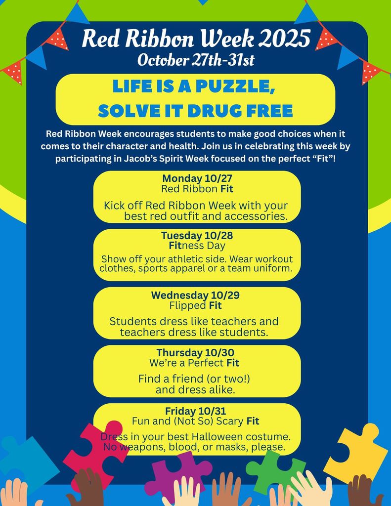 Red Ribbon Week flyer with explanation of different days' themes. 