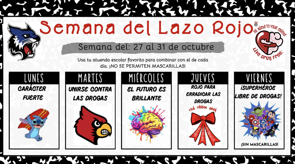 red ribbon week activites in english and spanish please call office for details