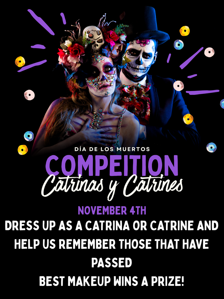 day of the dead festivity poster, written in english. november 4th. altar and makeup contest.