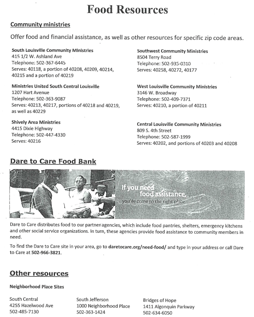 food resources - ministries across louisville