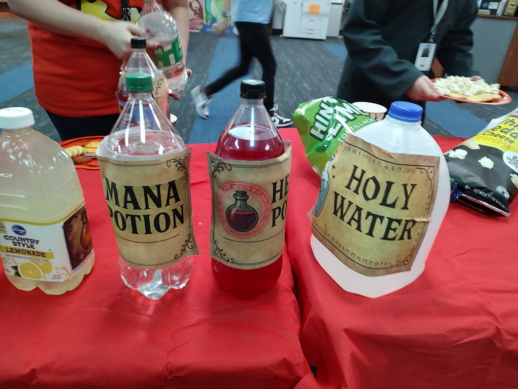 Sprite, Hawaiian Punch and water with labels like Mana Potion, Health Potion, and Holy Water for special effects of our Dungeons and Dragons one shot night