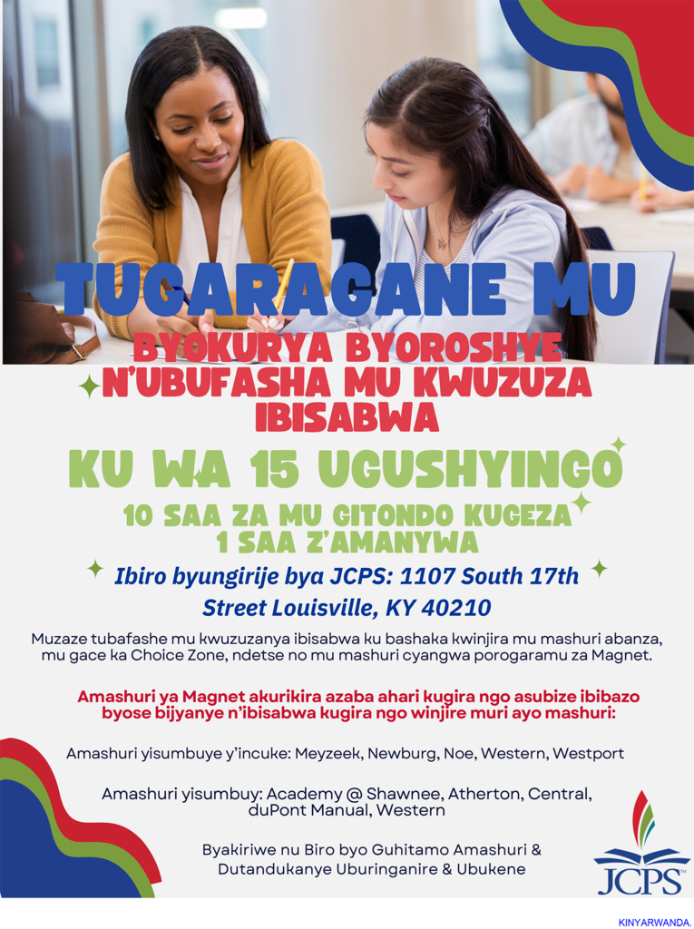 Flyer titled “Join Us for Appetizers & Applications.” Event date and time: November 15th, 10 AM–1 PM. Location: JCPS Satellite Office, 1107 South 17th Street, Louisville, KY 40210. Text explains that attendees can receive application assistance for elementary school, Choice Zone, and Magnet Schools or Magnet Programs. It lists participating magnet schools: Middle Schools: Meyzeek, Newburg, Noe, Western, Westport High Schools: Academy @ Shawnee, Atherton, Central, duPont Manual, Western Hosted by the Office of School Choice & Diversity Equity & Poverty. Background shows two women reviewing papers together. JCPS logo appears in the bottom right corner. Flyer colors include blue, red, green, and cream.