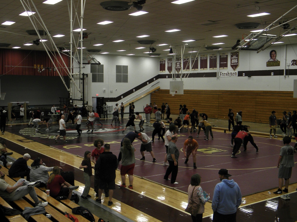 wide shot of gym during scrimmage