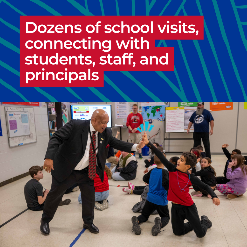 Dozens of school visits, connecting with students, staff, and principals.