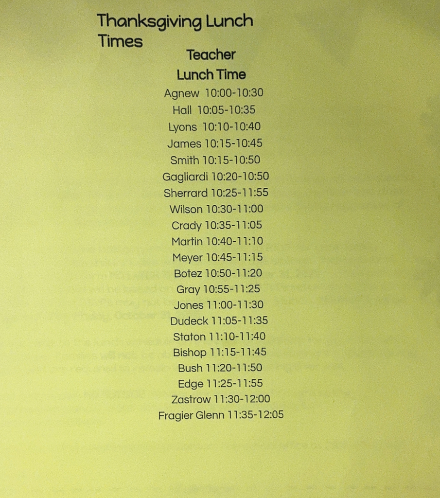 Schedule for Thanksgiving Lunch 