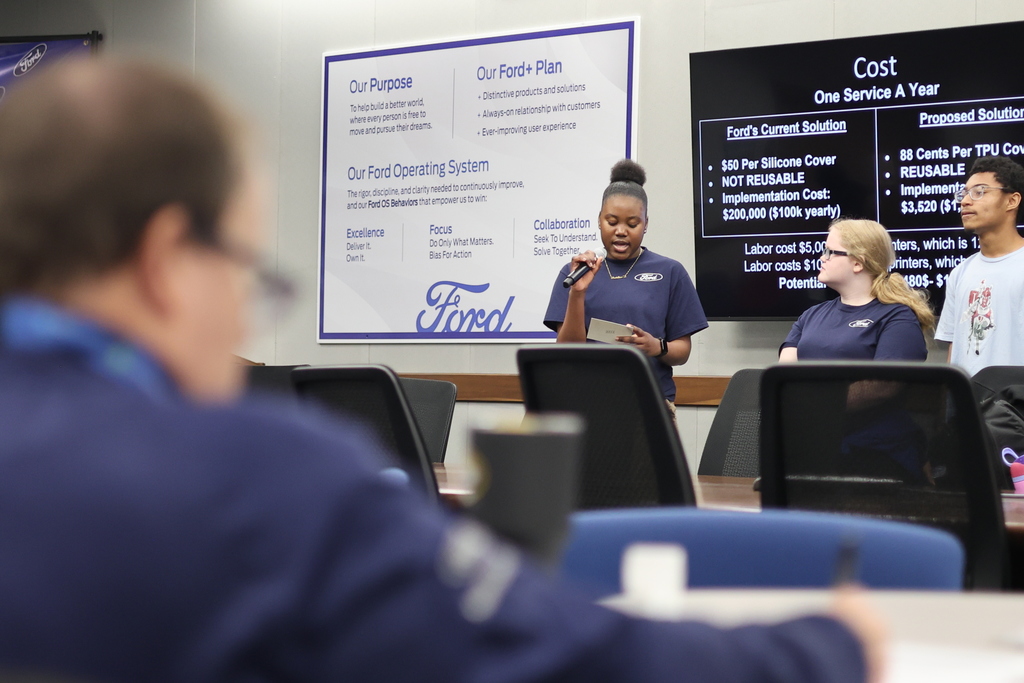 Our Jtown High CAD students just crushed it! 💪 They spent weeks designing a new part cover to solve a tricky paint chipping problem on the assembly line for Ford Motor Company. Today was presentation day, and they wowed the Ford leadership team with their final solution! Talk about applying what you learn. Hats off to our students for their engineering smarts! 🚀