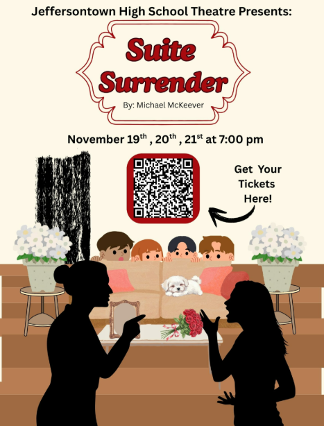 🎭 TONIGHT IS OPENING NIGHT! 🎭 What happens when enemy Hollywood divas accidentally end up sharing the same hotel room? A hilarious comedy full of mistaken identities, double entendres, overblown egos, and a small dog named Mr. Boodles! Can the staff keep the rivals apart? Or will all of this side-splitting chaos explode into a battle of war-like proportions? Find out in Suite Surrender presented by The Jeffersontown High School Theatre Program! Our students have been working so hard, and this show is incredibly funny! We can't wait to share the chaos with you. 🗓️ SHOW DATES: November 19th (TONIGHT!), 20th, and 21st ⏰ TIME: All shows at 7:00 PM 🎟️ BUY YOUR TICKETS NOW! Use the link below or the QR code in the poster: https://gofan.co/event/5383215?schoolId=KY6178