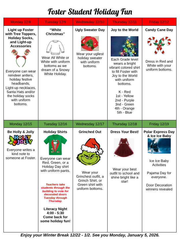 schedule of the holiday activities