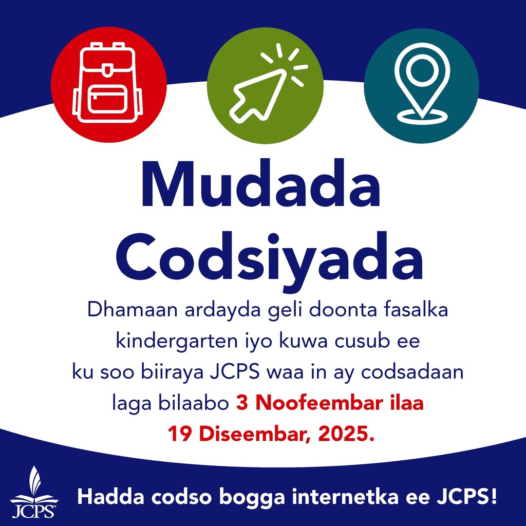 “JCPS graphic announcing the application period for students entering kindergarten or new to JCPS. Text states that applications are required from November 3 through December 19, 2025. Icons of a backpack, a computer cursor, and a location pin appear at the top. Message at bottom says ‘Apply Now on the JCPS website.’”