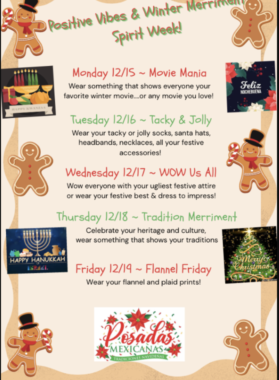 Spirit week activites for the week of December 15th, please call 502-485-8287 for details