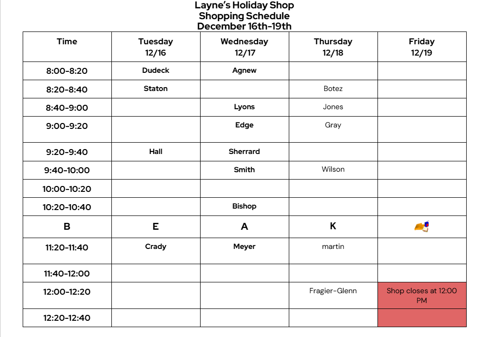 Schedule For Holiday Shop