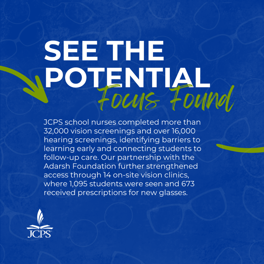 Infographic titled 'See the Potential' with a 'Focus Found' subheading and a background pattern of eyeglasses. It details 32,000 vision screenings, 16,000 hearing screenings, and 673 prescriptions for new glasses provided through the Adarsh Foundation.