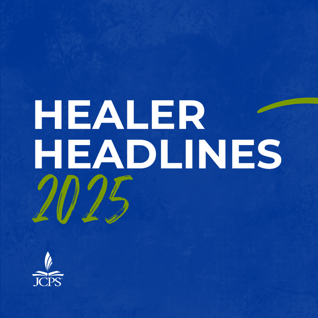 Graphic titled 'Healer Headlines 2025' on a blue textured background with a hand-drawn arrow pointing to the title.