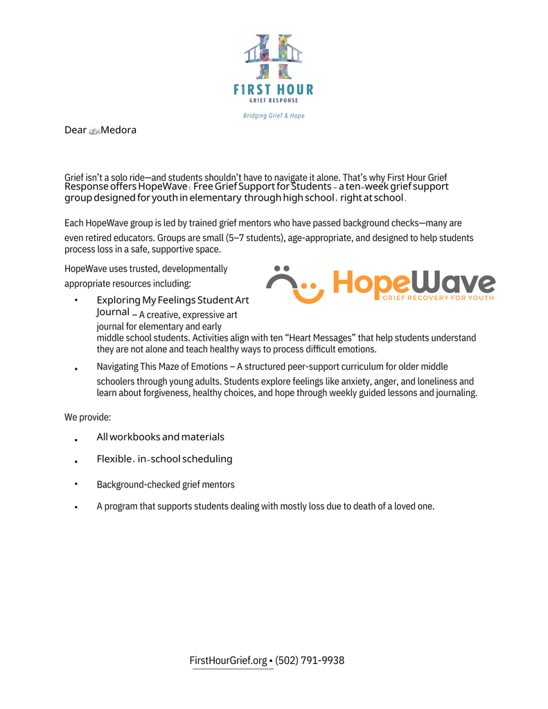 HopeWave Grief Group Letter