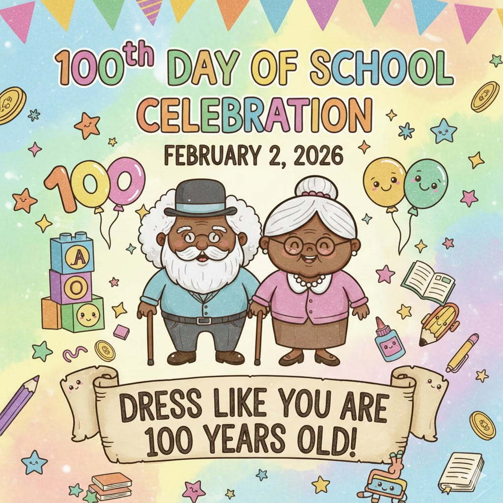We are celebrating the 100th day of school tomorrow, February, 2, 2026! Students can come dress like they are 100 years old!