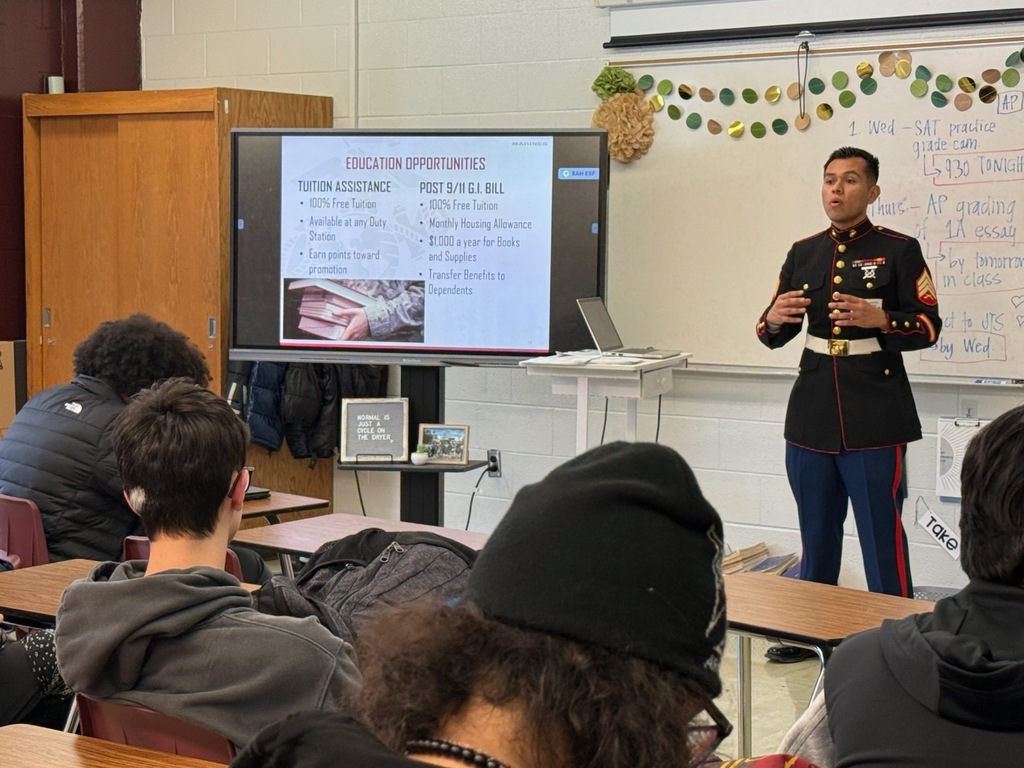 Connecting the classroom to the corps! 📚🇺🇸  Huge thanks to Sgt. Romero from the United States Marine Corps for visiting our English classes today! He spoke with students about how the communication and leadership skills they’re learning right now translate directly into elite career opportunities and massive scholarship potential. 💸📈  From specialized technical training to funding a college degree, Sgt. Romero showed our students that there are many paths to success after graduation. We love seeing our students explore every option for their future! 🦅✨