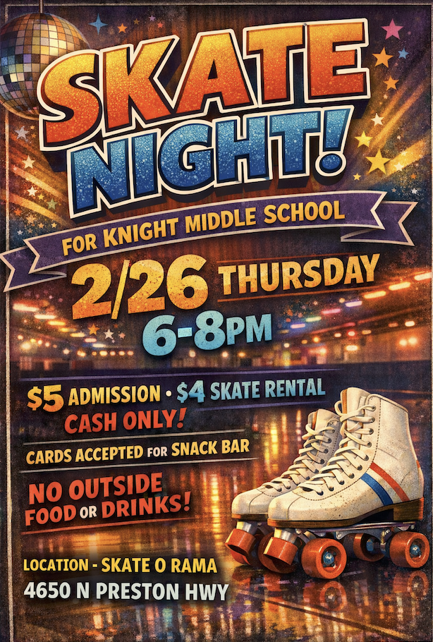 Skate nigh poster for 2/26. Please call 485-8287 for more information