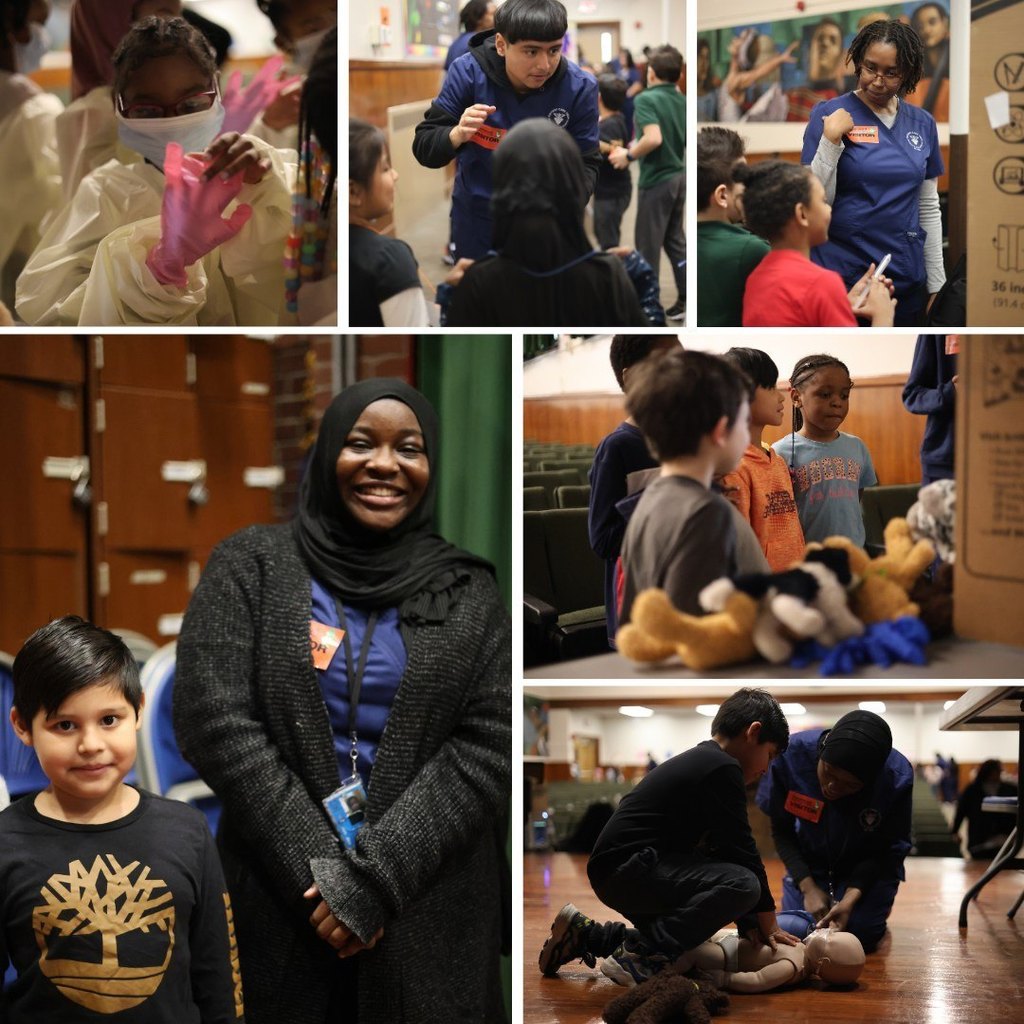 Photos from the Iroquois Teddy Bear Clinic featuring photos of high school and elementary school students doing health care-related activities. 