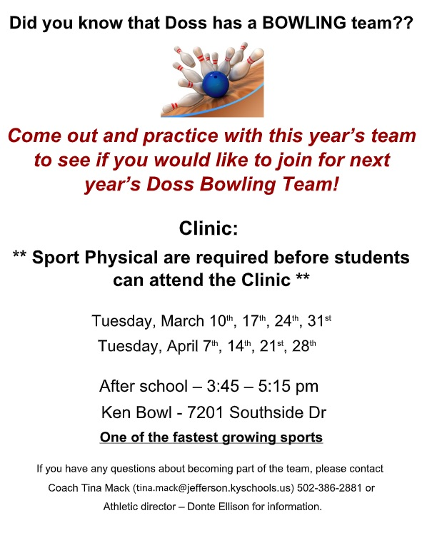doss bowling team clinic information for 2026-27 school year 