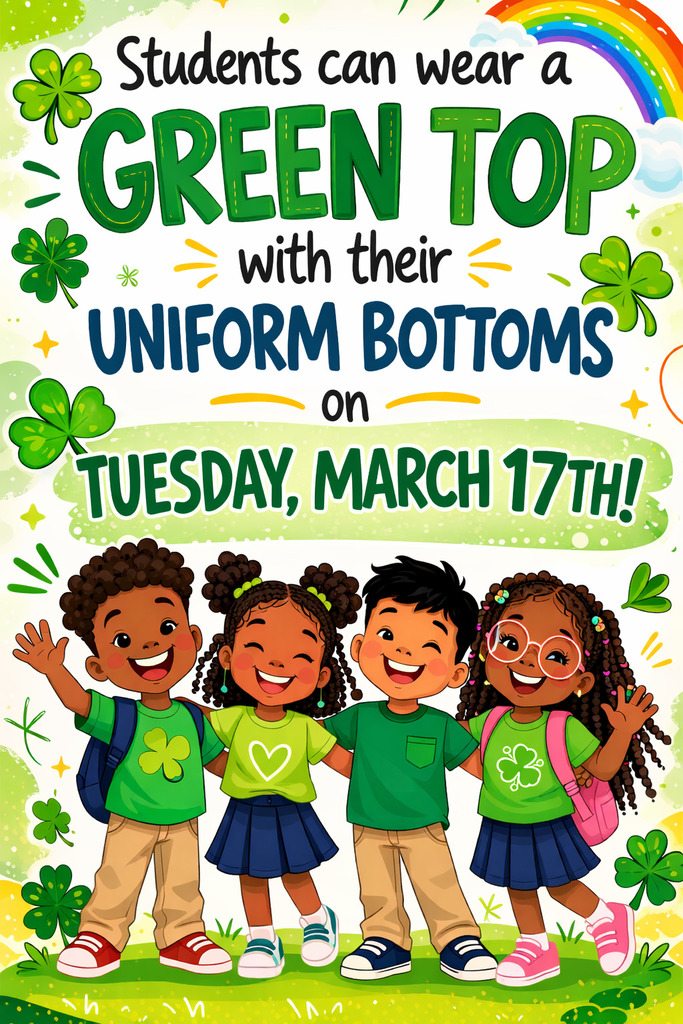 Tuesday, March 17th students can wear a green top with their uniform bottoms!