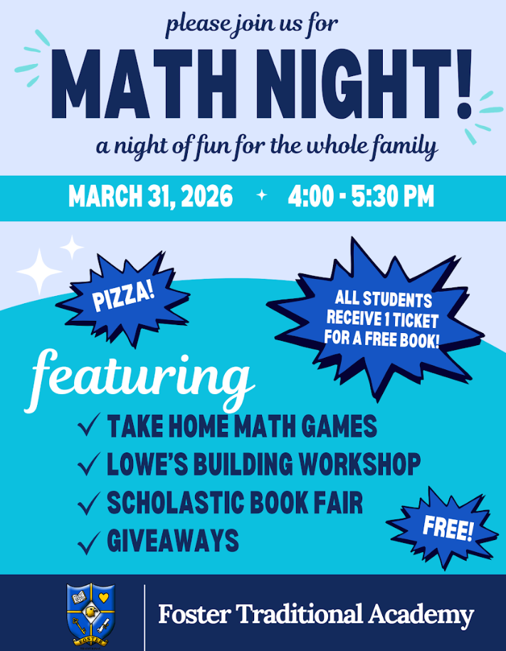 Foster Families - please join us for Math Night, next Tuesday from 4:00 - 5:30! We'll have pizza, Lowe's building workshop, math games, books, and more!