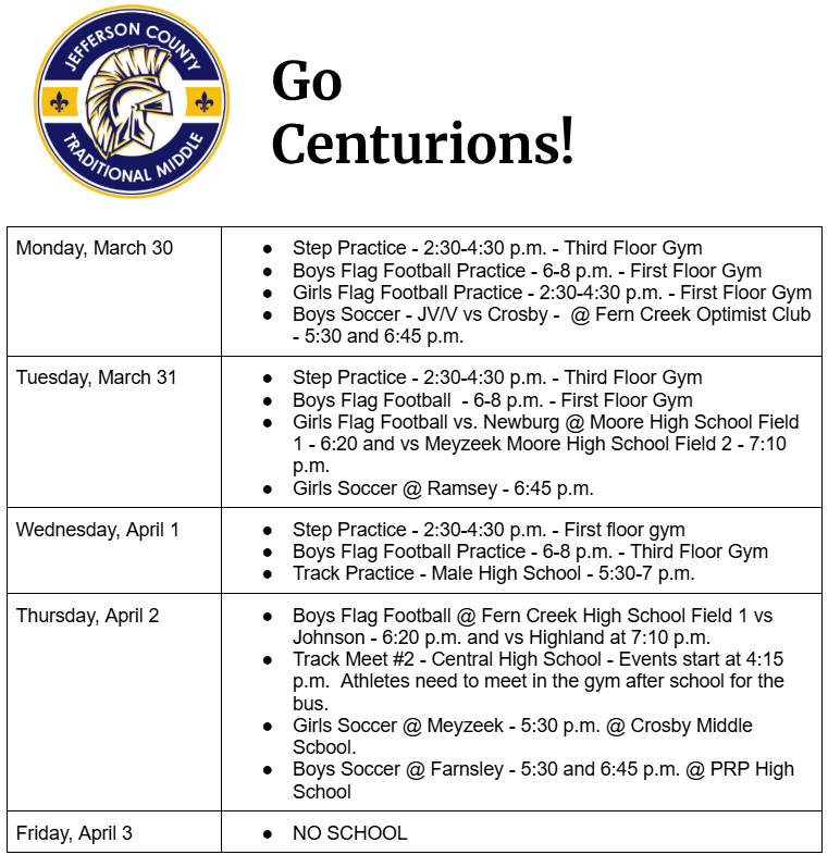 Weekly Sports Calendar