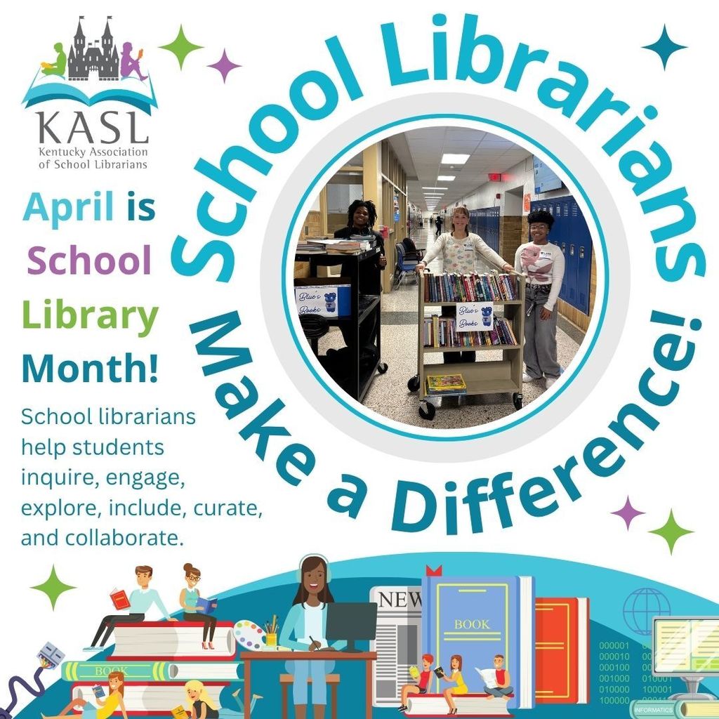 On left hand side of image words KASL April is School Library Month! School librarians help students inquire, engage, explore, include, curate and collaborate .  On bottom of graphic cartoon kids reading on a big stack of books.  A librarian  sitting behind a desk with art supplies and a computer.  More students reading in front of a backdrop of enlarged books and newspaper.  In the center of the image are three students in front of carts of books .  Around the picture it says  School librarians Make a difference.