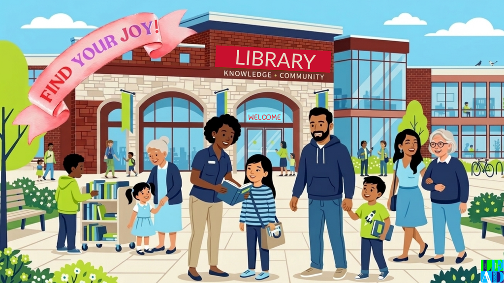 Image of the exterior of a Library.  Banner in the left corner saying Find Your Joy.  The library has Library on the front of the building.  Underneath the word library are the words Knowledge and Community.  There are pictures of several people going into the library.   Also an image of a library cart outside the library with a student looking for a book on the cart.  Pictured is presumably a librarian sharing a book with a girl  with several others coming up to speak with the librarian.