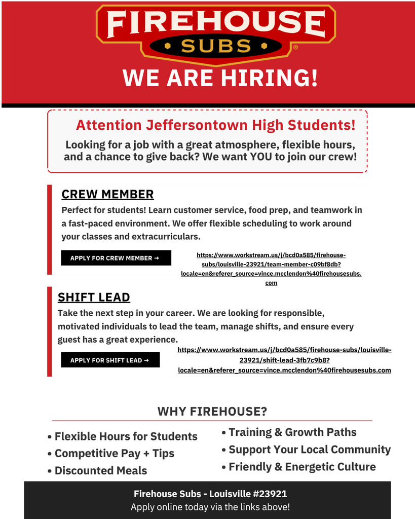 Looking for a great job with a community-focused partner? 🥪🔥  Our amazing business partner, Firehouse Subs, is hiring for their Louisville team! Whether you're looking for your first job or you're ready to step into a leadership role, this is a fantastic way to build your resume while supporting a business that supports our Academy.  💪 Positions Available:  Crew Members: Perfect for students looking for flexible hours and a fun environment! 📲 Apply for Crew Member here  Shift Leads: Great for those ready to take the next step in leadership and management. 📲 Apply for Shift Lead here  Let’s show them the incredible talent we have here at JTown! 🎓✨