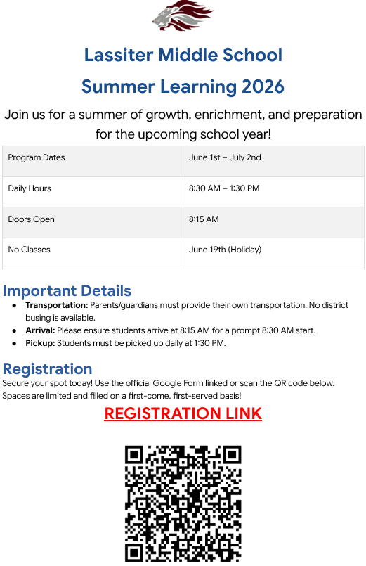 Lassiter Summer Learning Program - 6/1-7/2 from 8:30-1:30