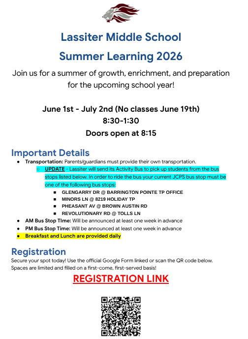 Lassiter Summer Learning Program - 6/1-7/2 from 8:30-1:30 ENG