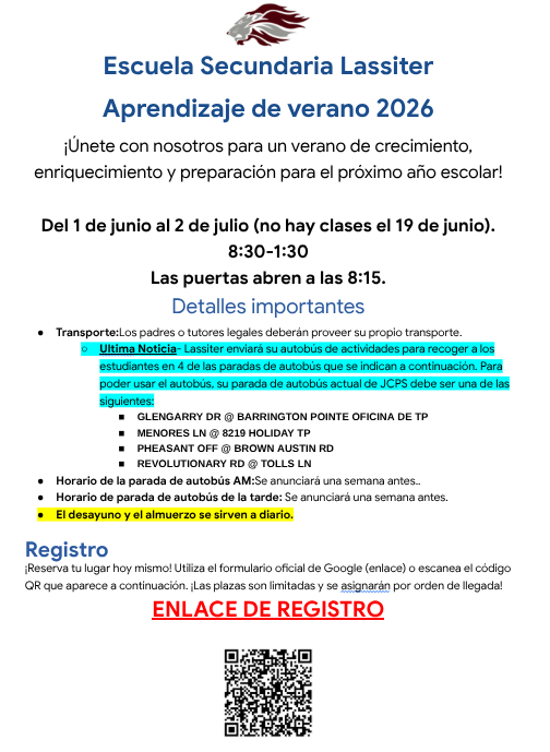 Lassiter Summer Learning Program - 6/1-7/2 from 8:30-1:30 SPANISH