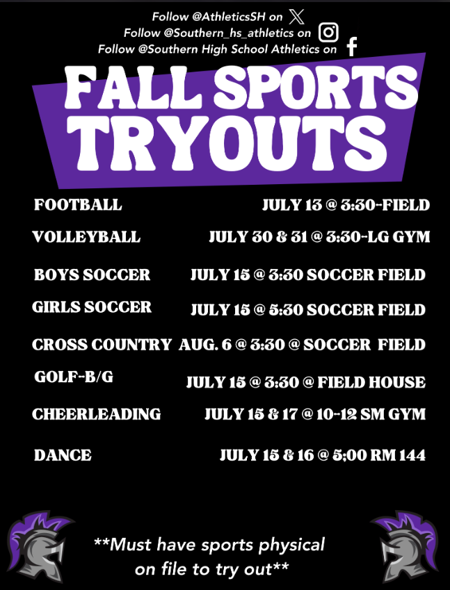 Fall Sport Tryouts for Southern High School Schedule