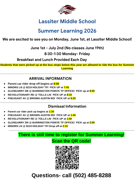 Lassiter Summer Learning Program - 6/1-7/2 from 8:30-1:30