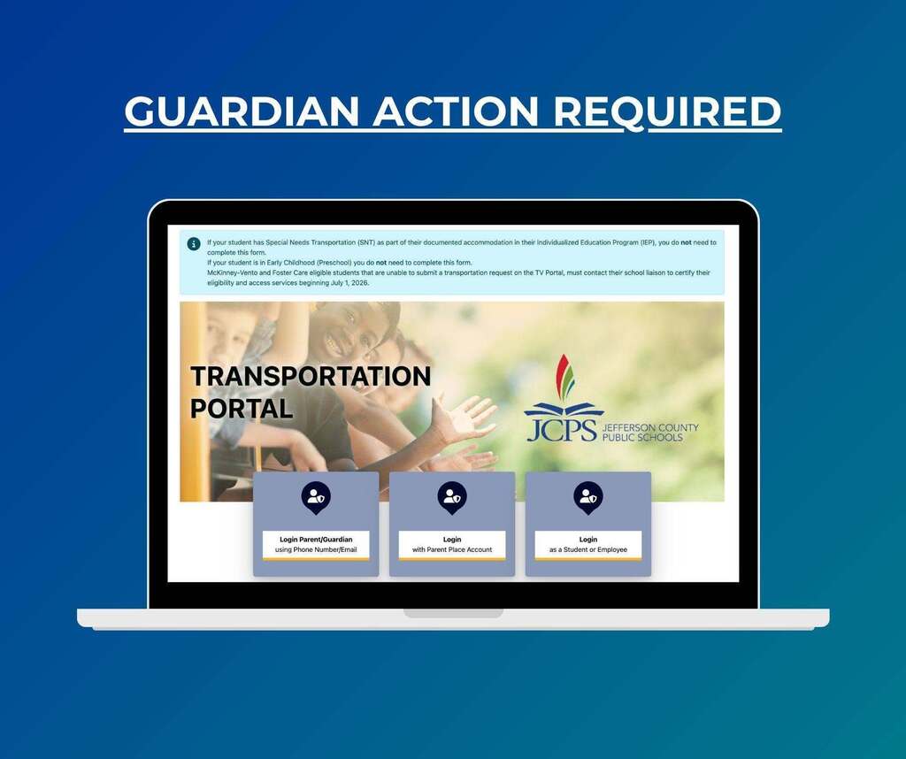 Graphic says: "Guardian Action Required" and includes a screenshot of the JCPS Transportation Portal website.
