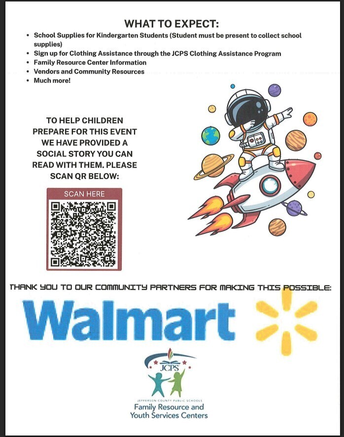 Walmart and JCPS Family Resources Center hosting Readiness fair for Incoming Kindergarten Students. List of What to Expect